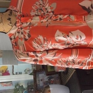 New York & Company Coral  Multicolored Floral Print Mock Neck Tunic Blouse